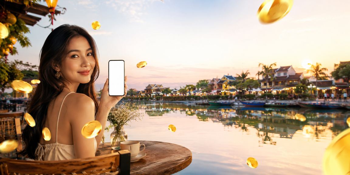 Người dùng Hội An nhâm nhi cà phê buổi sáng và kiểm tra thưởng chào mừng trên điện thoại